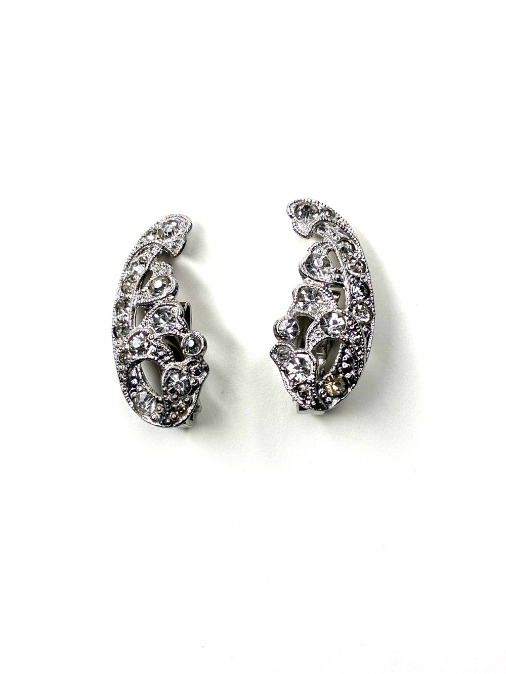 Vintage Coro Clear Rhinestone Ear Climber Clip On Earrings Silver Tone 1950s